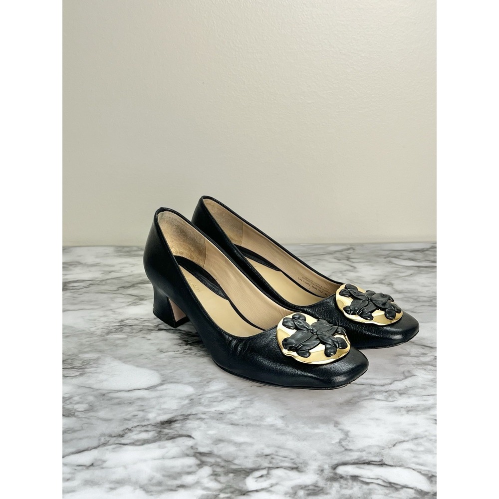 Tory Burch Woven Double T Pump Womens US 6.5 Black Leather Gold Tone Old Money